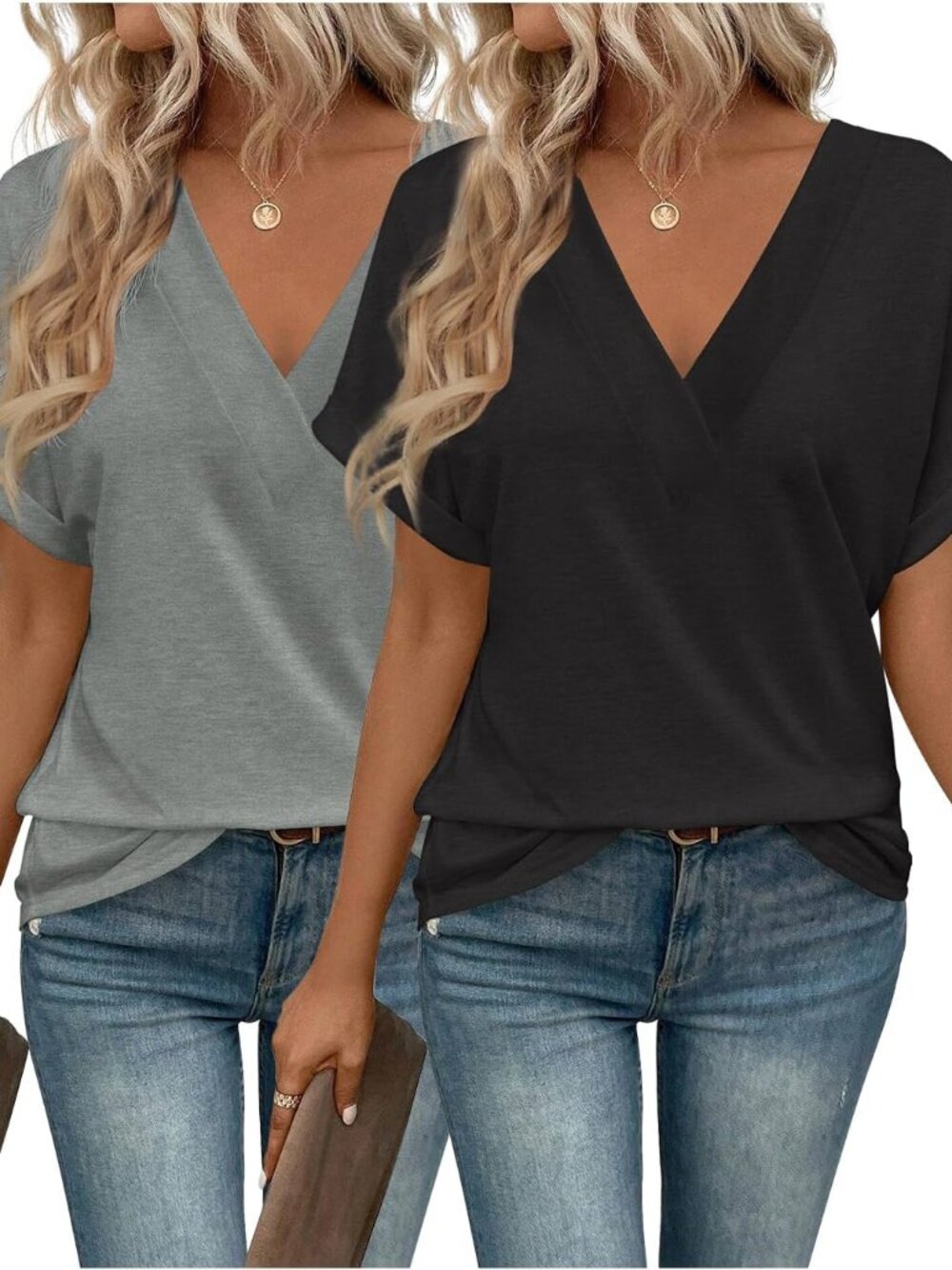 2-Pack Women's V-Neck Short Sleeve Tees - Casual Summer & Vacation Fashion